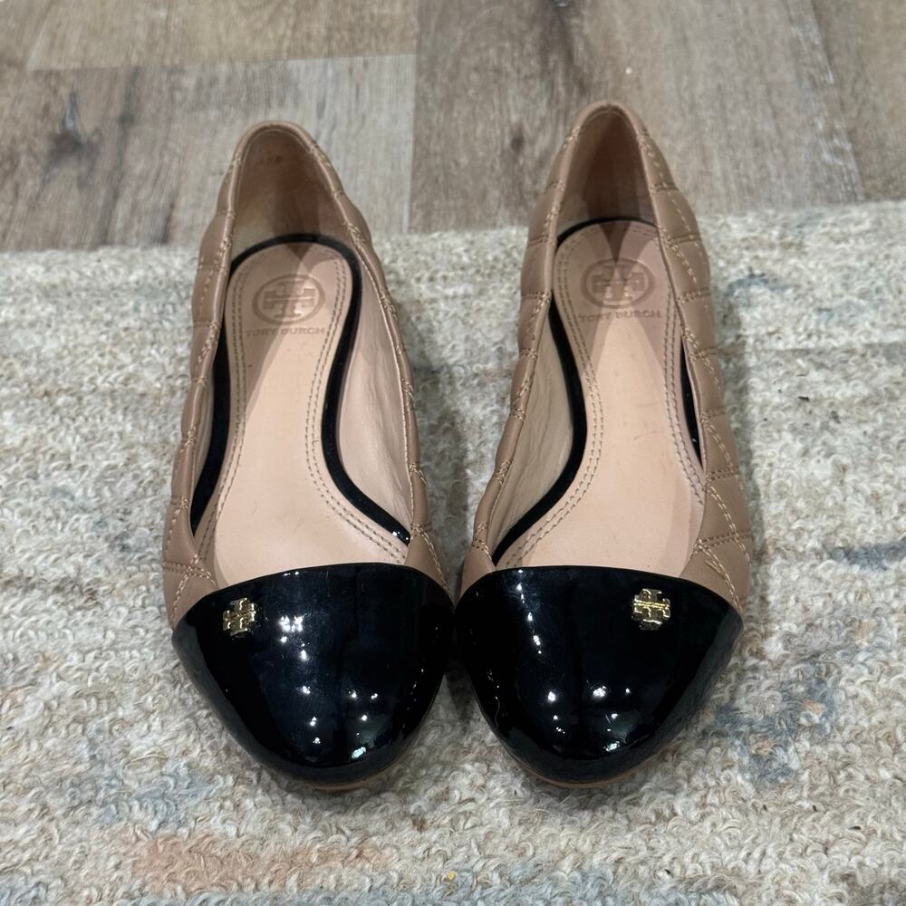 Tory Burch Beige/Black Leather Claremont Ballet Flats, 7